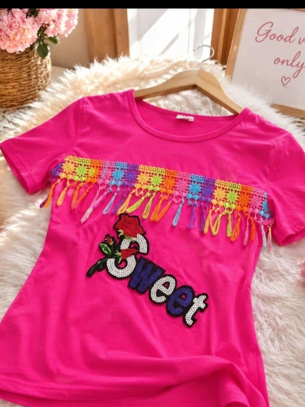 Girls' Hot Pink 'Sweet' Fringe Accent Short Sleeve Tee